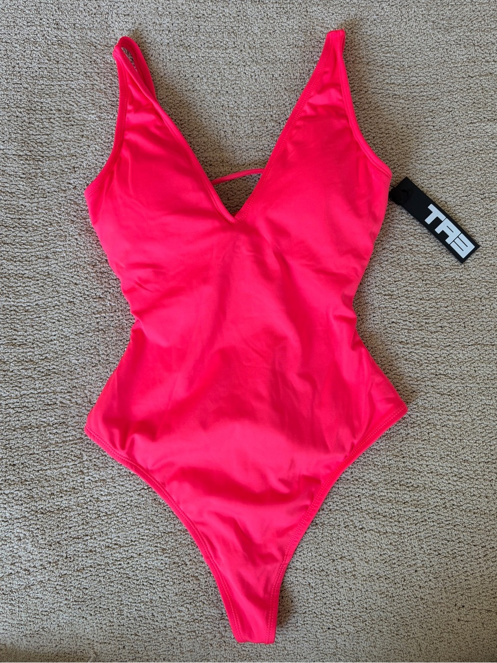 TA3 Plungey Thong one piece swimsuit hot coral lace up Shapeware cinch XS Short